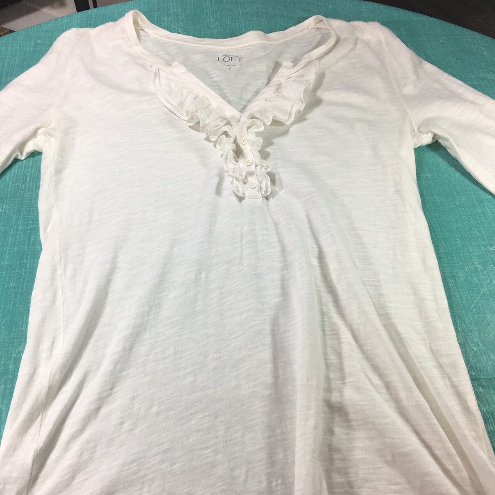 Ann Taylor Loft White V-Neck Ruffles Long Sleeve